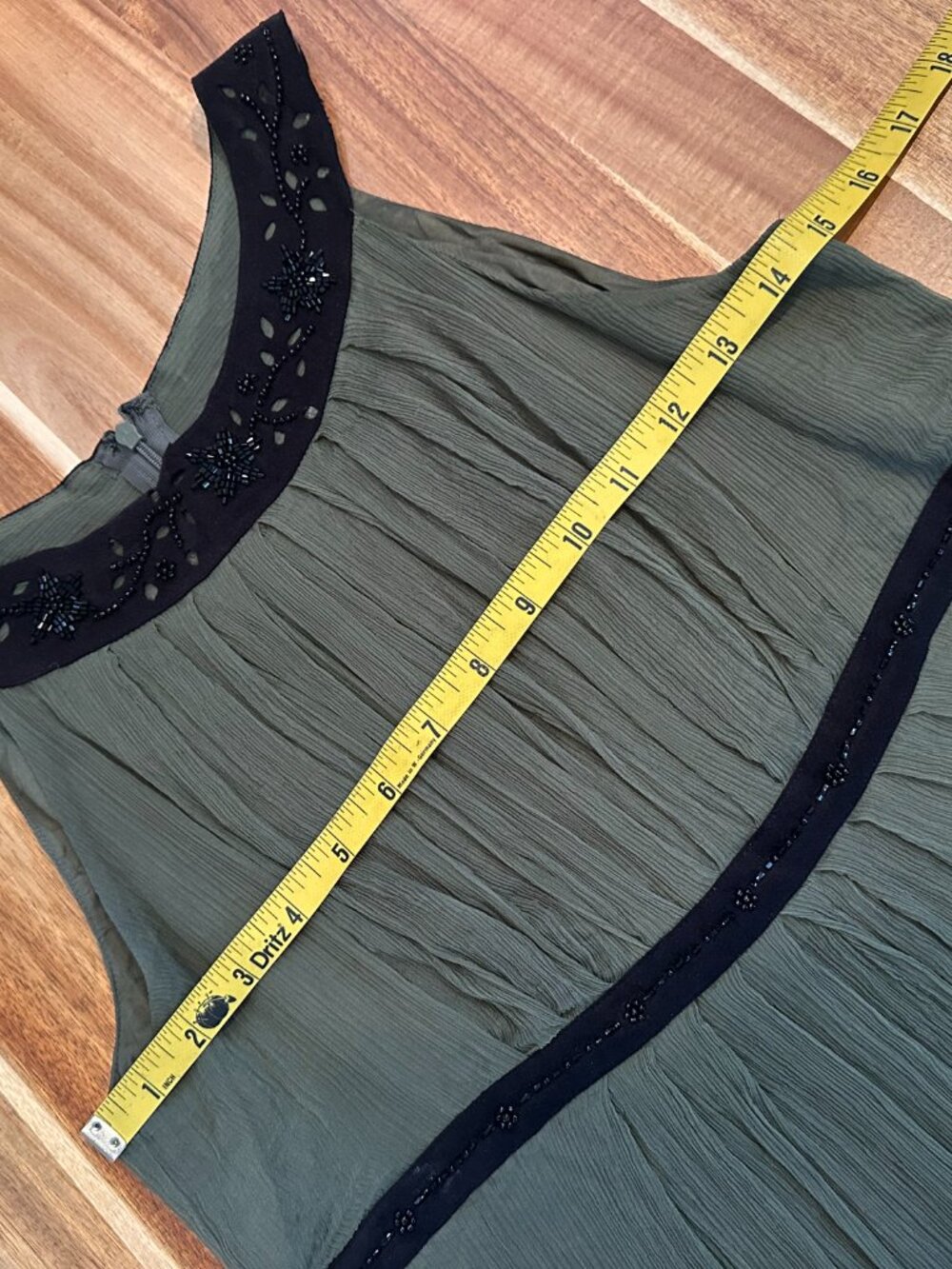 Muse Olive Green 100% Silk Dress | Size 10 | Beaded Neckline | Lined| B-1835 - Picture 12 of 13